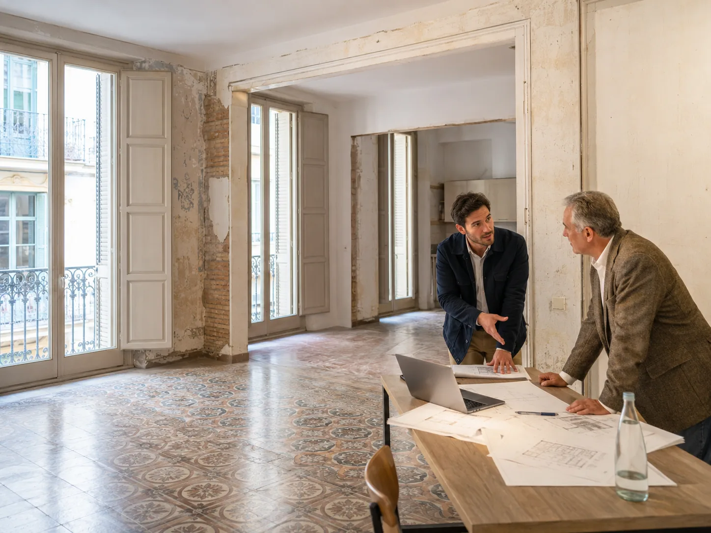 Técnico explicando a un propietario el potencial y el estudio de reforma de una vivienda