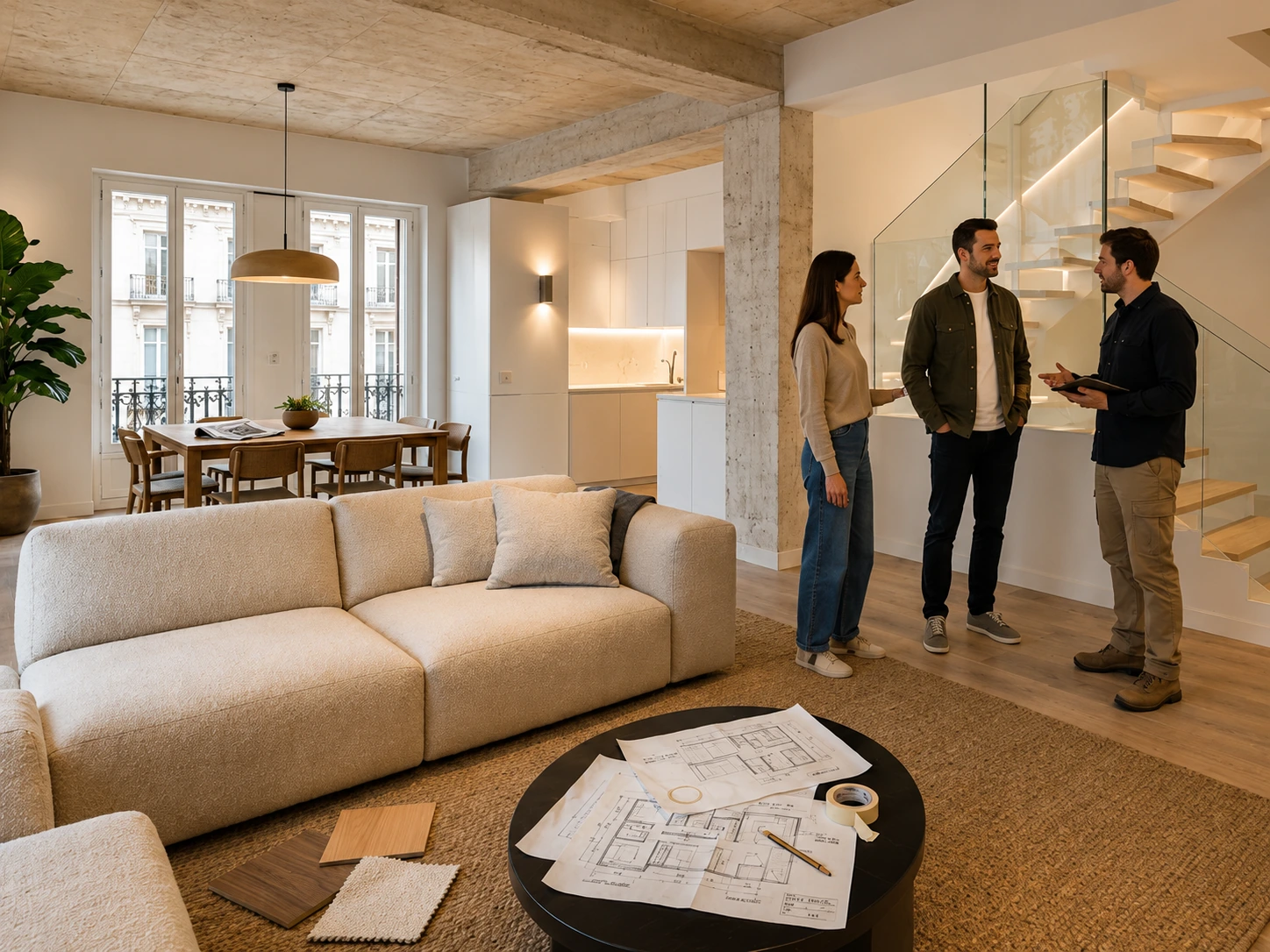 Propietarios y reformista revisando una vivienda reformada en Barcelona
